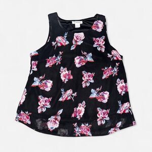 Glamorous Black Floral Sleeveless Blouse with Pink Roses, size Large
